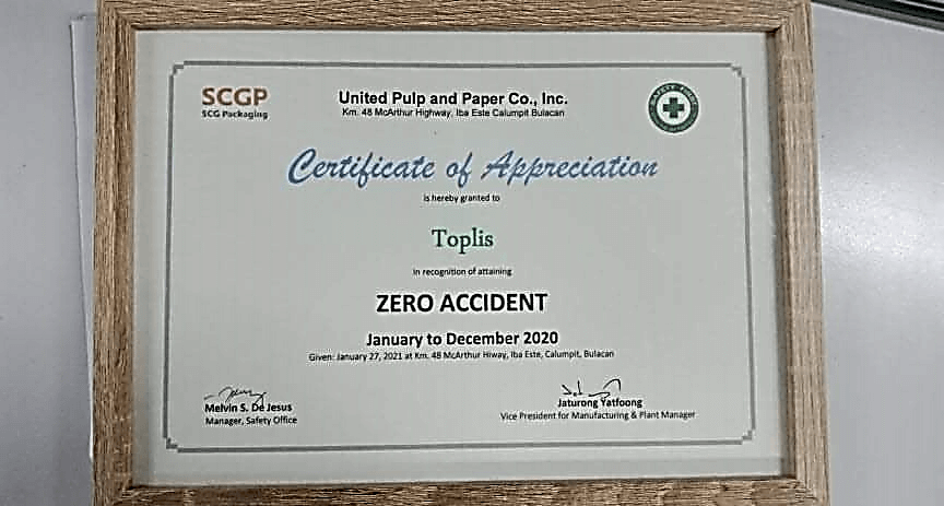 Toplis Solutions was recognized for the success of having Zero Accident for 2020. Truly a company that values quality and safety of your business and your people.