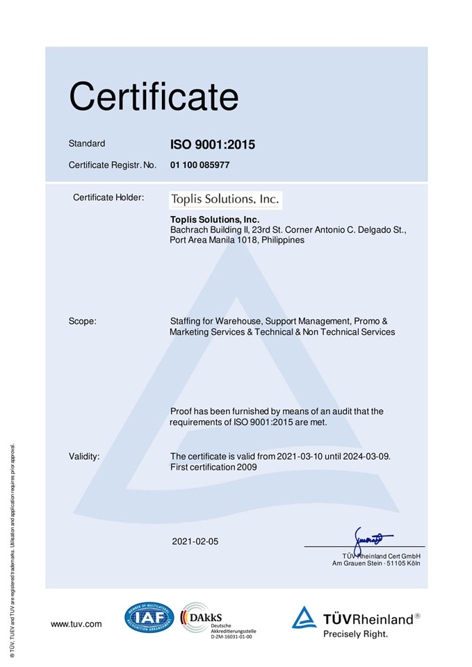 Toplis Solutions, Inc. Certificate of ISO 9001-2015