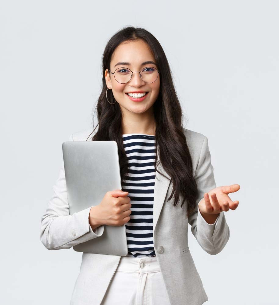 photo portrait of smiling girl holding a laptop