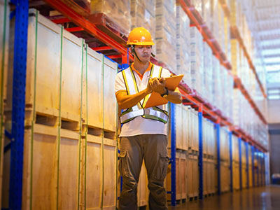 Inventory clerk inspecting products in a warehouse