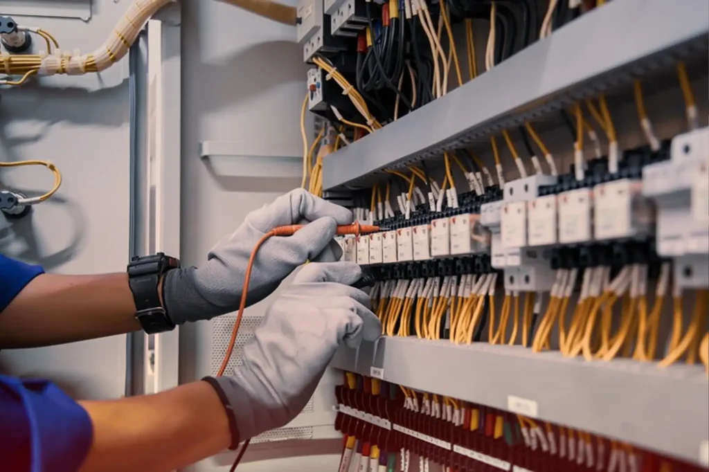 A service contractor workforce fixing wirings while wearing safety gears as part of the company's fit-out construction services