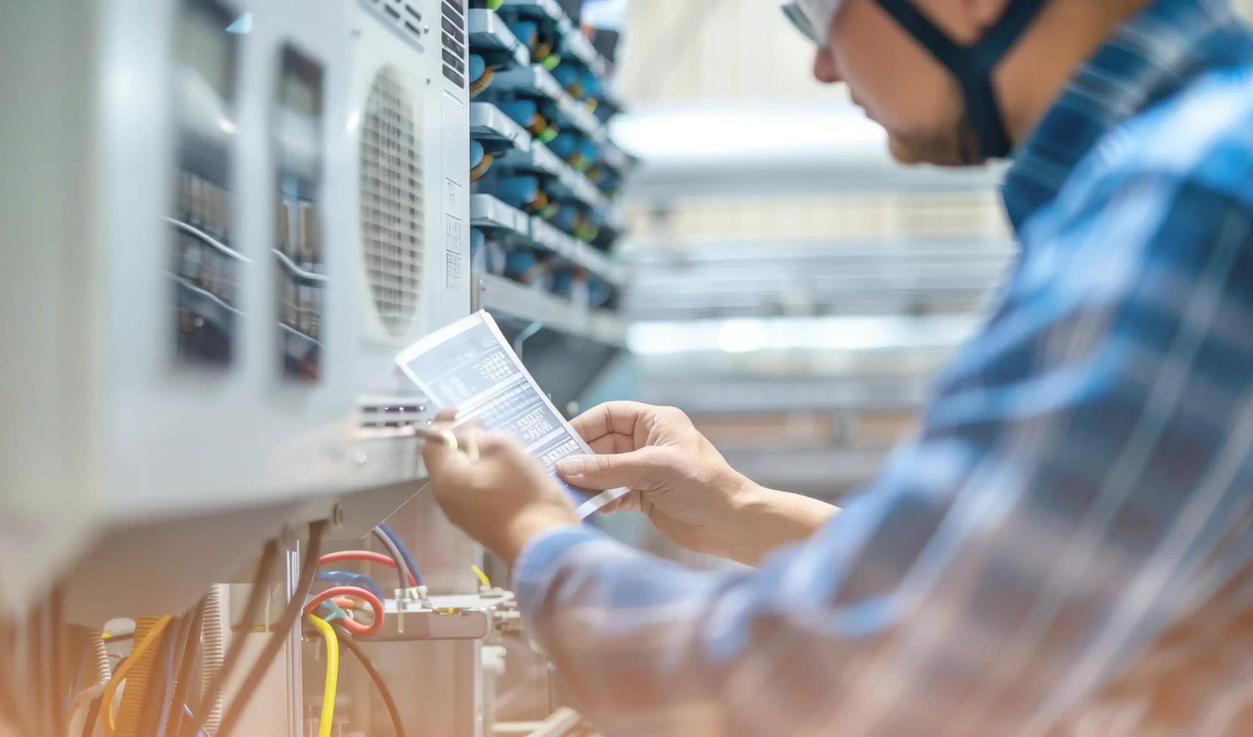 Person inspecting an industrial control panel 