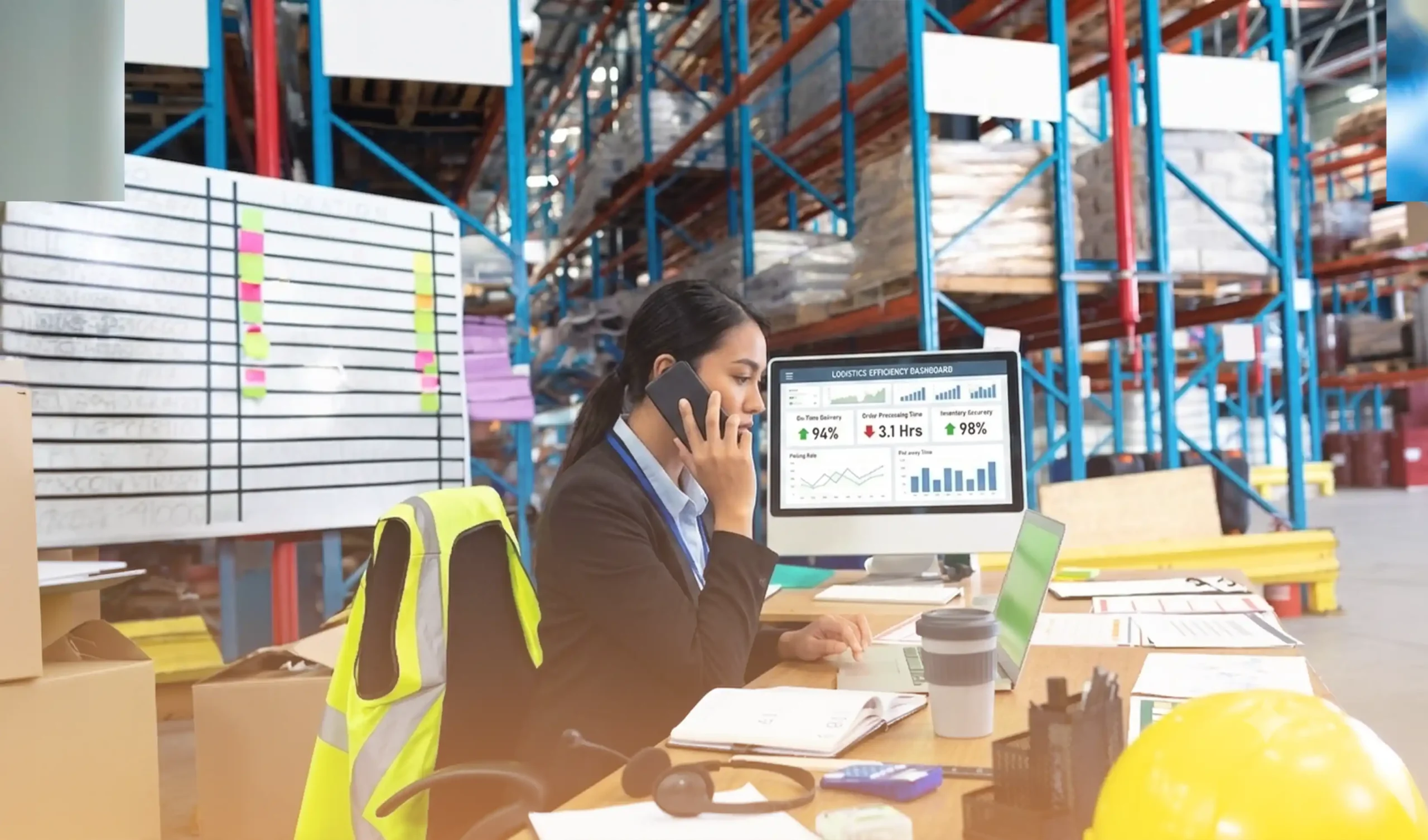 Warehouse manager on the phone reviewing a logistics efficiency dashboard on her computer, with a whiteboard planning chart and warehouse shelving in the background
