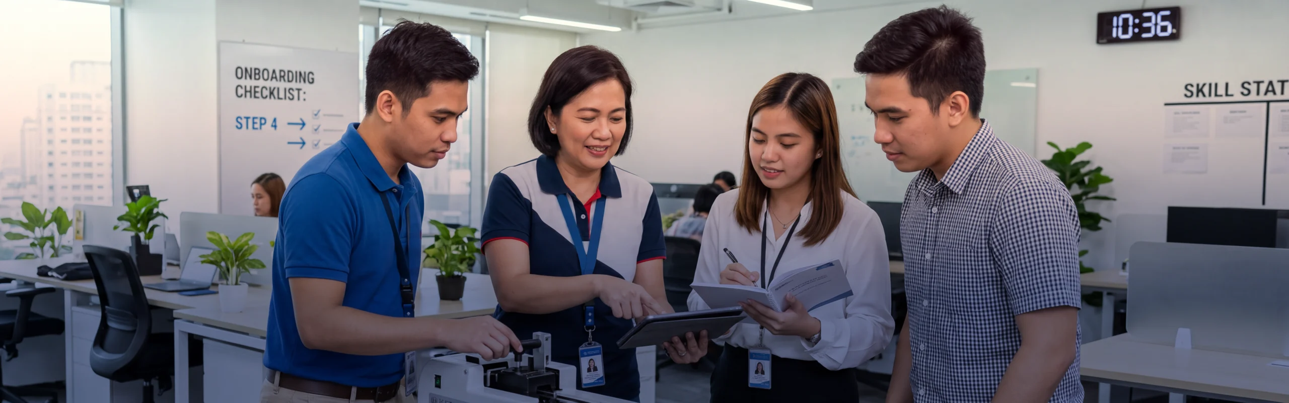 Experienced operator onboarding and cross-training a new worker on the factory floor